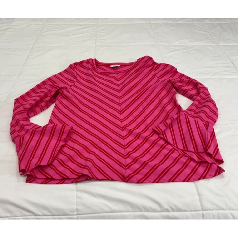 Ladies crown & ivy Medium Pink & Red Striped Blouse with Bell Sleeves